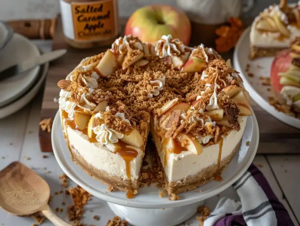 Slice of salted caramel apple pie cheesecake topped with caramel sauce and apple slices