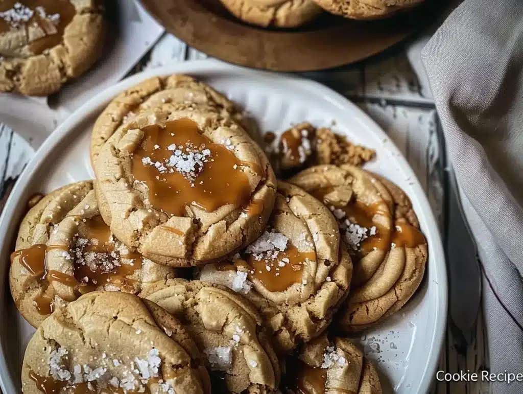 Delicious homemade salted caramel cookies on a baking tray