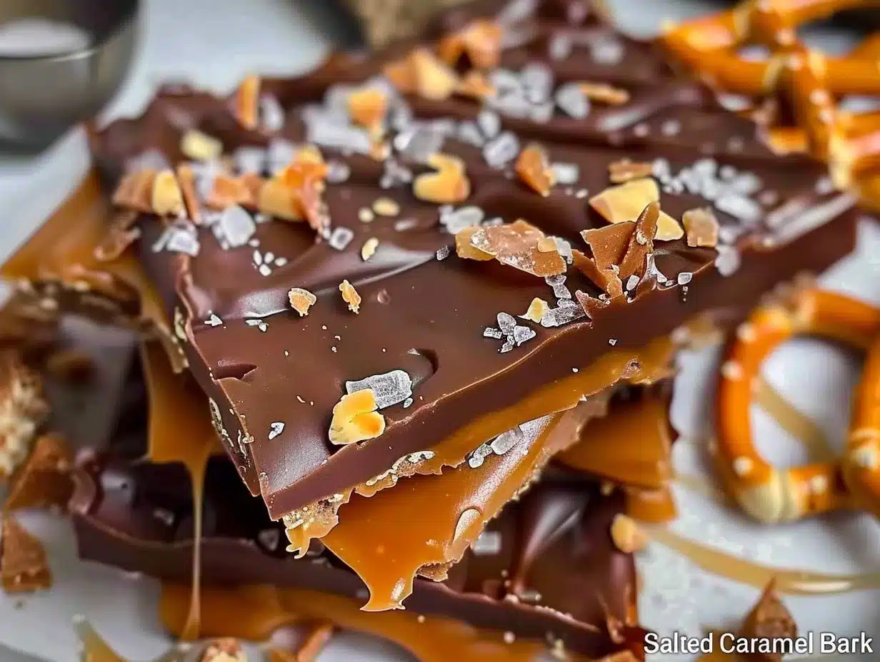Salted Caramel Pretzel Bark 1 Delicious salted caramel pretzel bark with a sweet and salty flavor combination