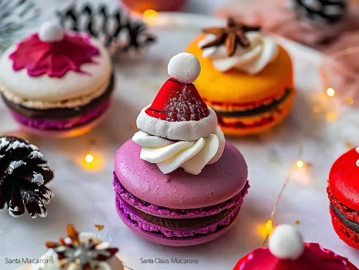 Santa Claus Macarons 1 Santa Claus Macarons, festive holiday treats for Christmas celebrations.