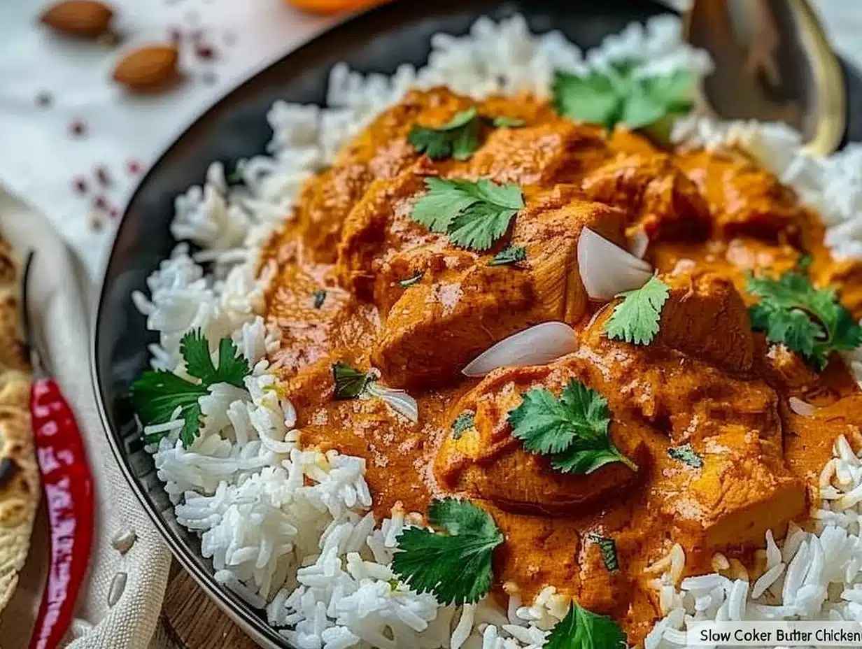Slow Cooker Butter Chicken 1 Delicious slow cooker butter chicken garnished with herbs and served with rice.