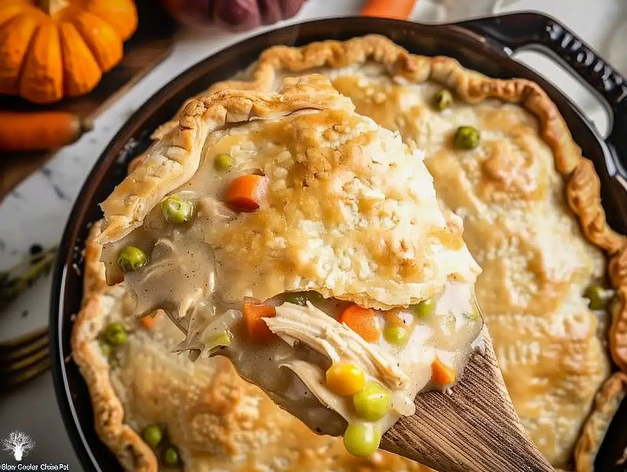 Slow Cooker Chicken Pot Pie with vegetables and flaky crust