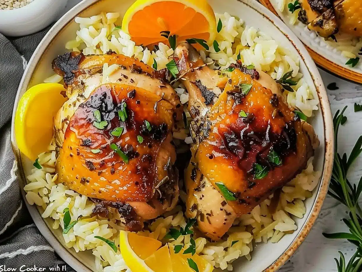 Slow Cooker Lemon Herb Chicken served with fluffy rice on a plate