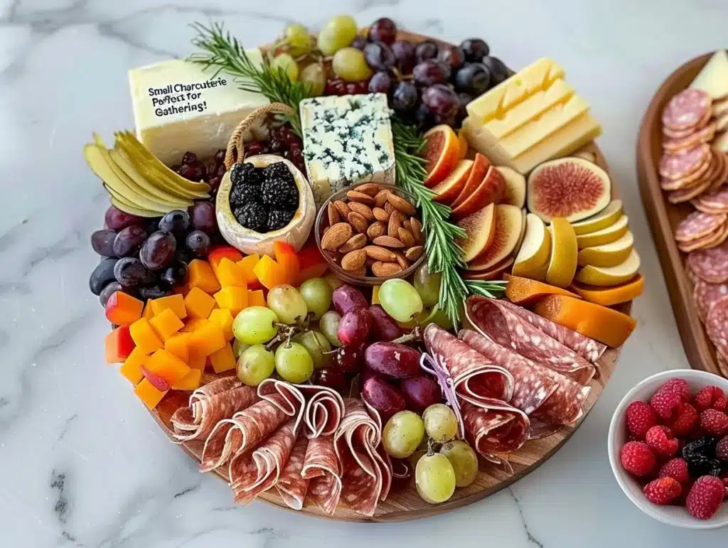 Small charcuterie board with assorted meats, cheeses, and fruits for gatherings