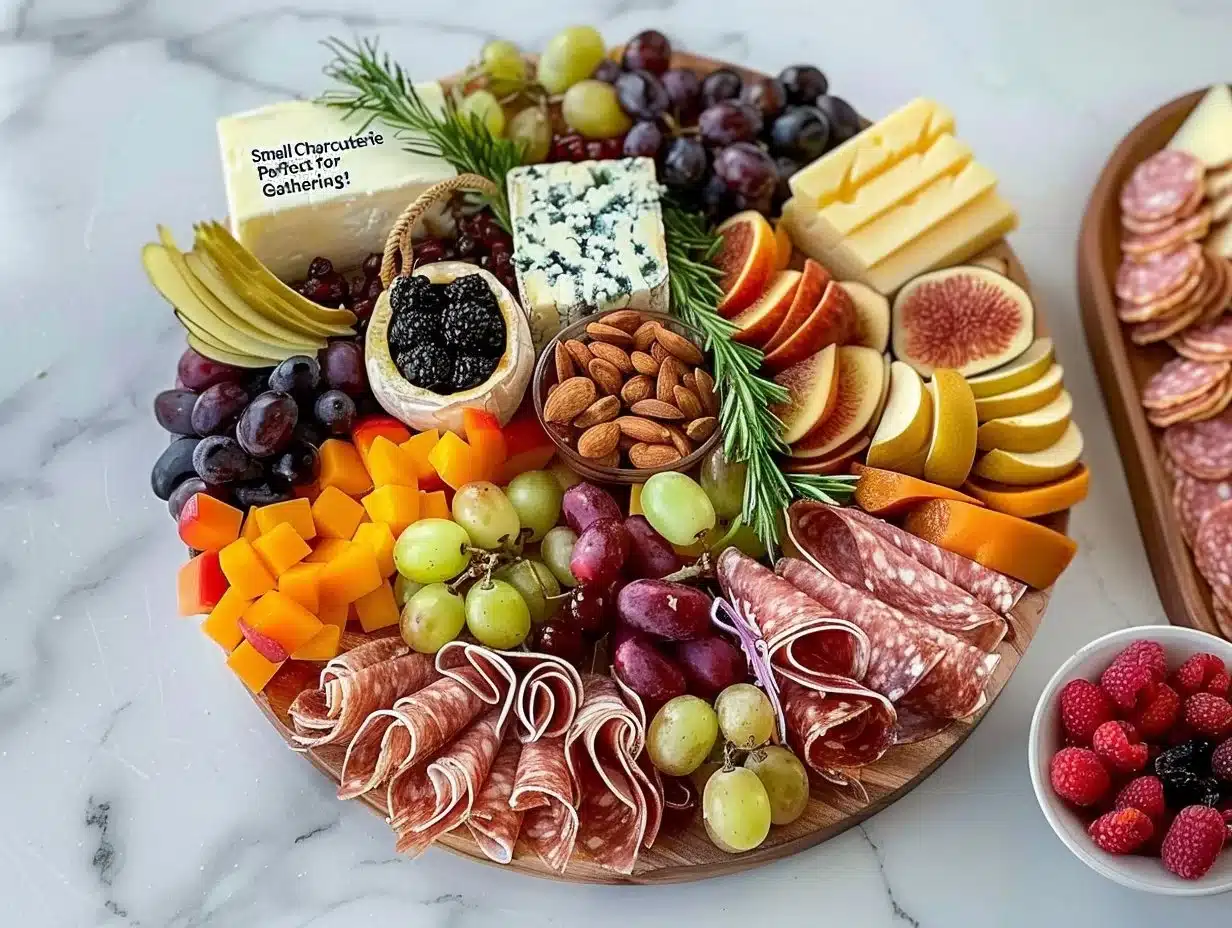 Small charcuterie board with assorted meats, cheeses, and fruits for gatherings