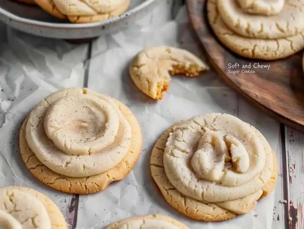 Soft and chewy sugar cookies on a decorative plate