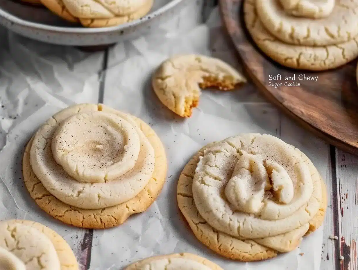 Soft and chewy sugar cookies on a decorative plate