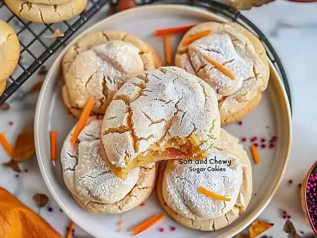 Batch of soft and chewy sugar cookies on a cooling rack