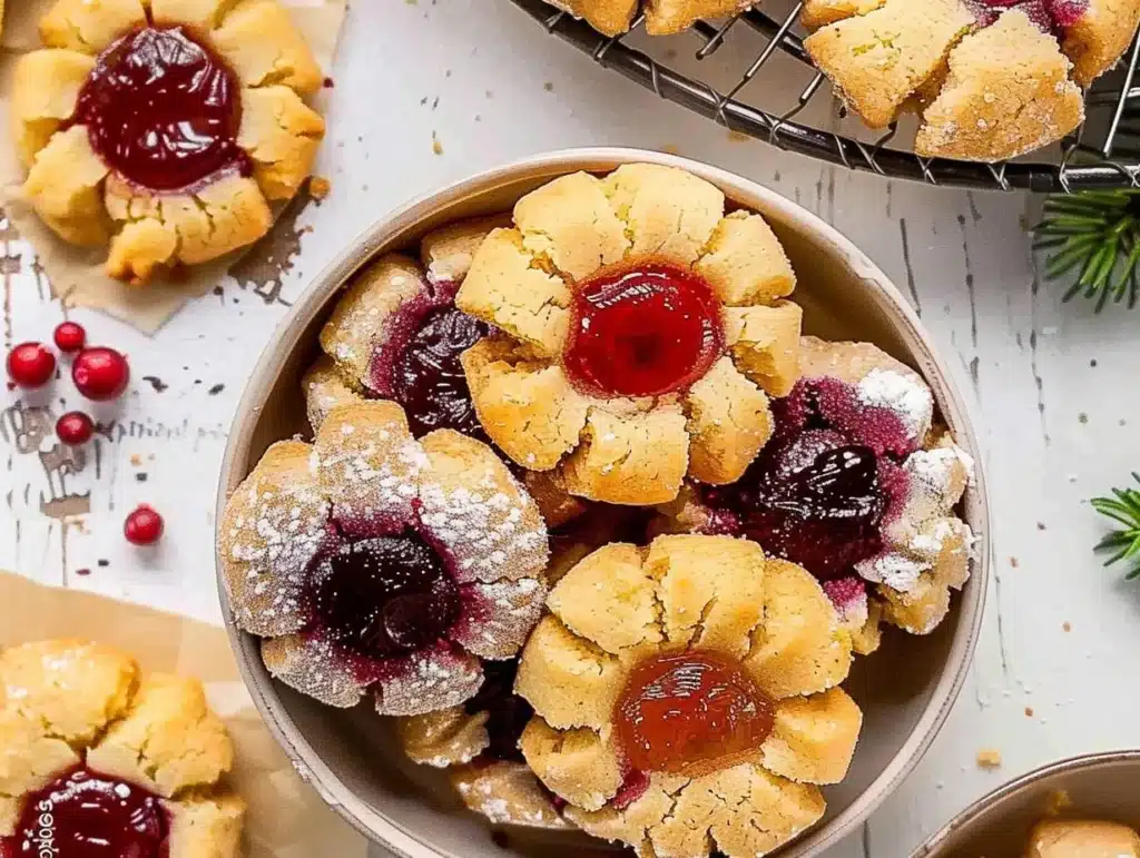 Soft Christmas thumbprint cookies with colorful frosting and festive decorations.