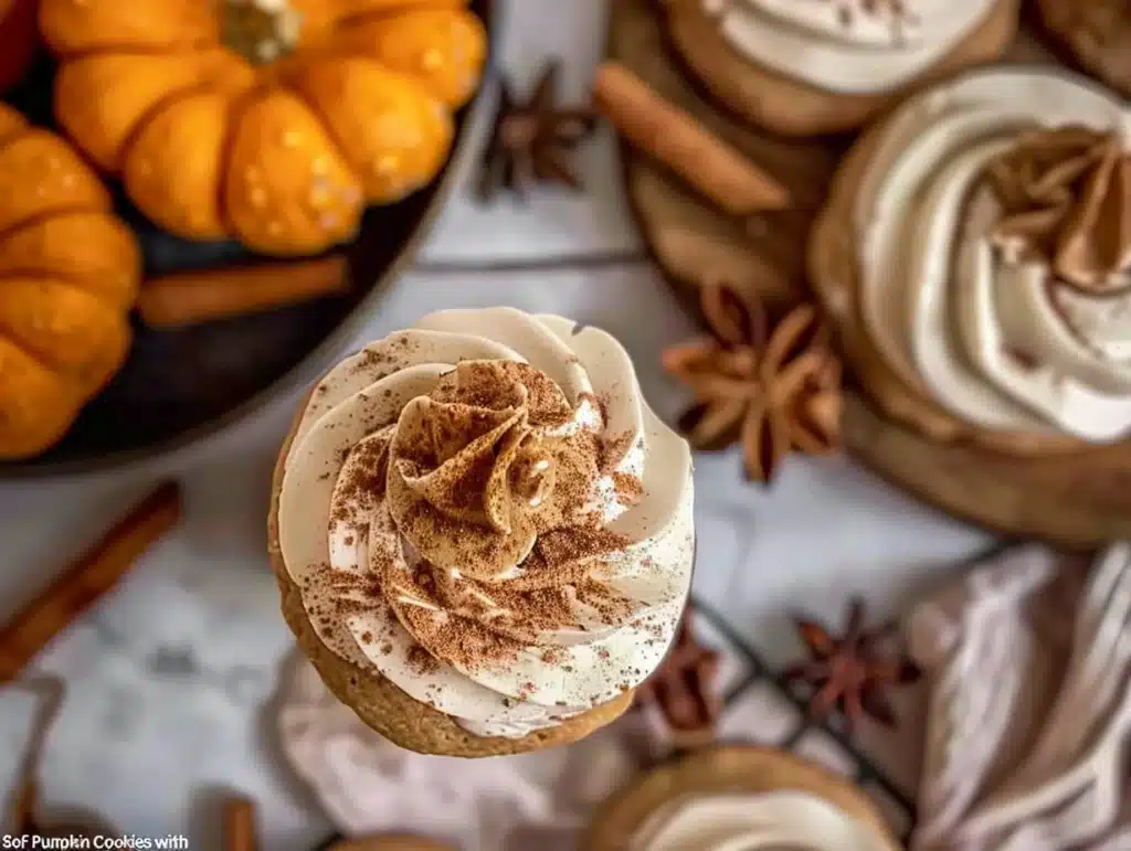Soft pumpkin cookies with cinnamon frosting on a plate