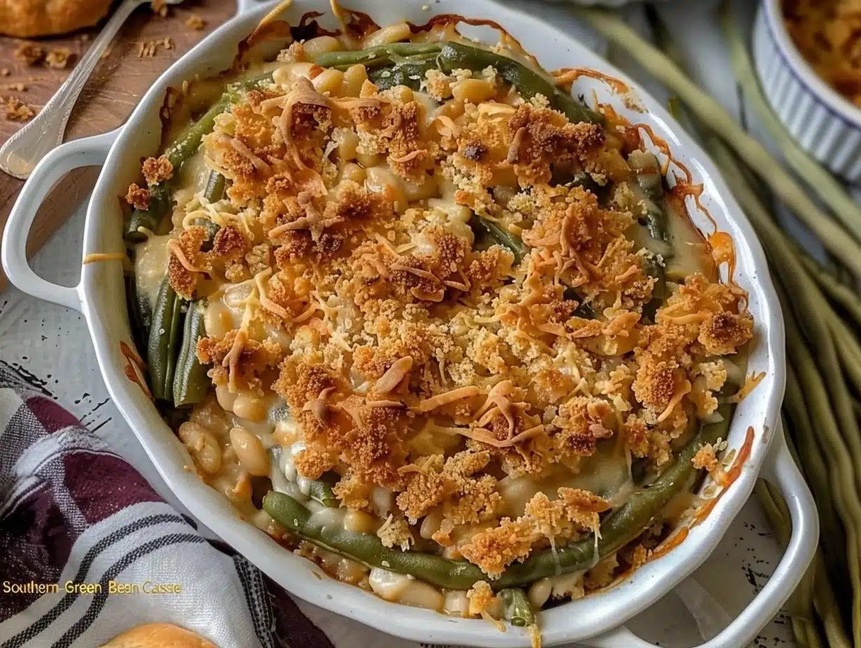 Southern-Style Green Bean Casserole 1 Southern-style green bean casserole served in a baking dish.