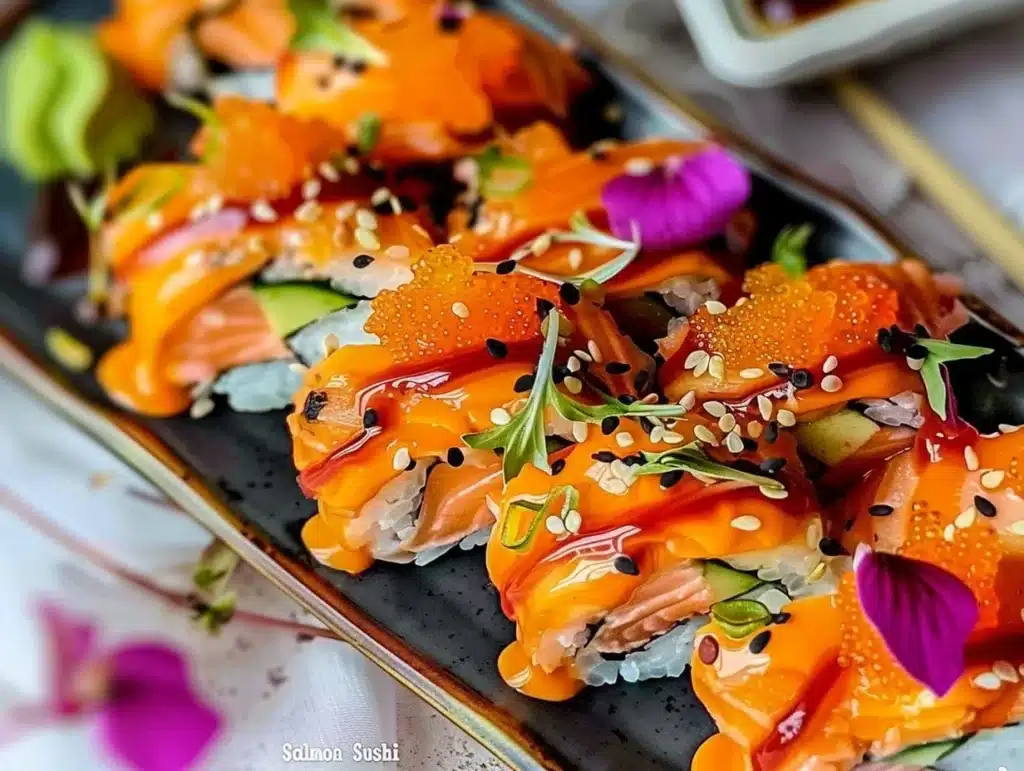 Delicious Spicy Salmon Sushi Bake served in a dish, topped with fresh ingredients