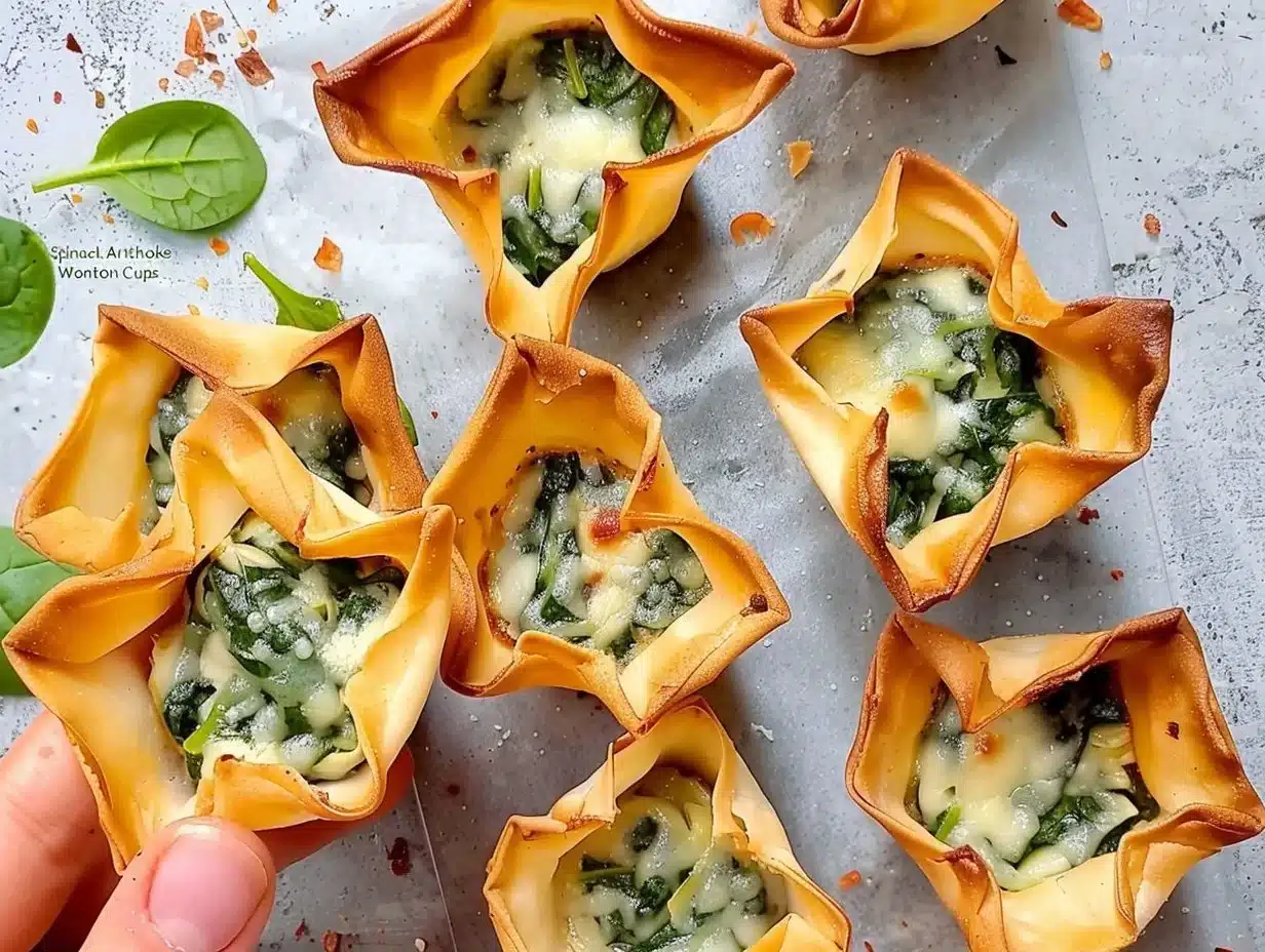 Crispy spinach and artichoke wonton cups served on a platter