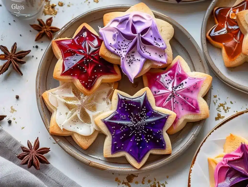 Colorful stained glass cookies decorated with vibrant candies