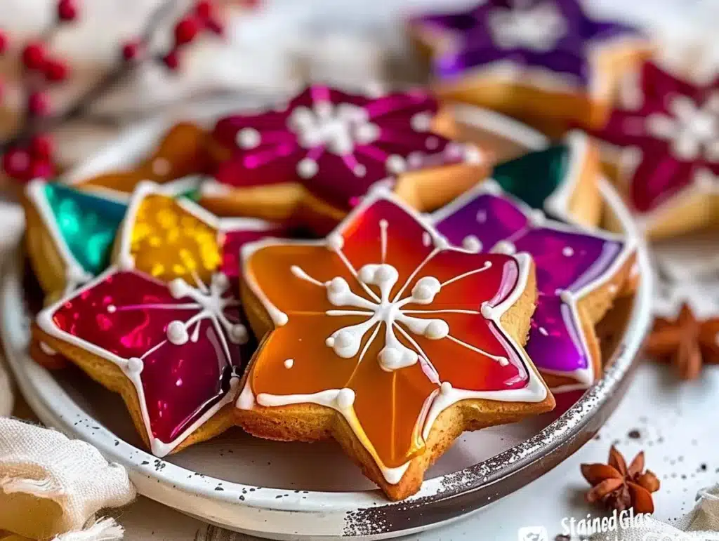Colorful stained glass cookies decorated with vibrant candies and royal icing