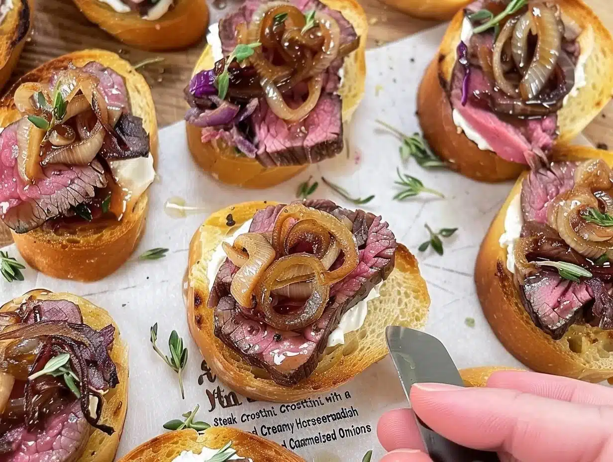 Steak Crostini topped with creamy horseradish sauce and caramelized onions