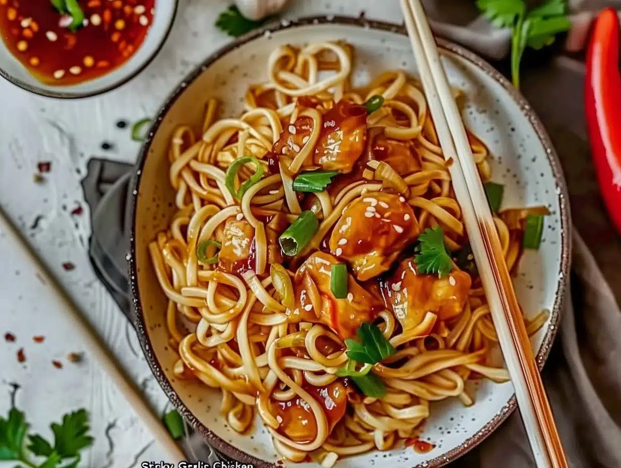 Sticky garlic chicken served over noodles for a flavorful dish