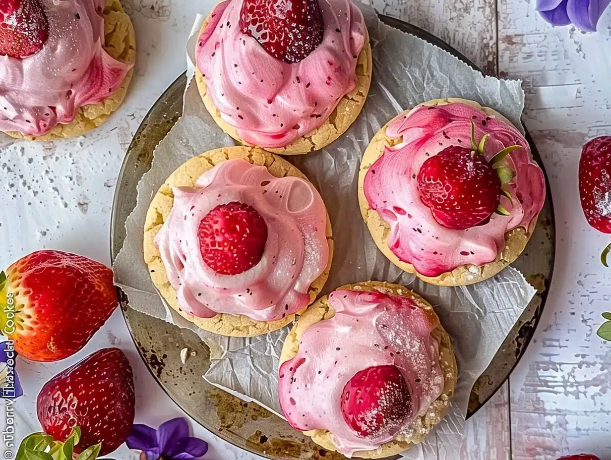 Delicious strawberry cheesecake cookies on a plate, perfect dessert treat