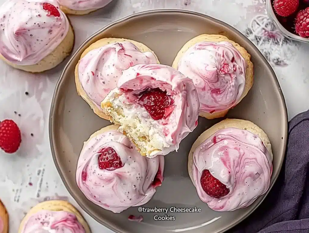 Delicious strawberry cheesecake cookies with strawberries on a plate