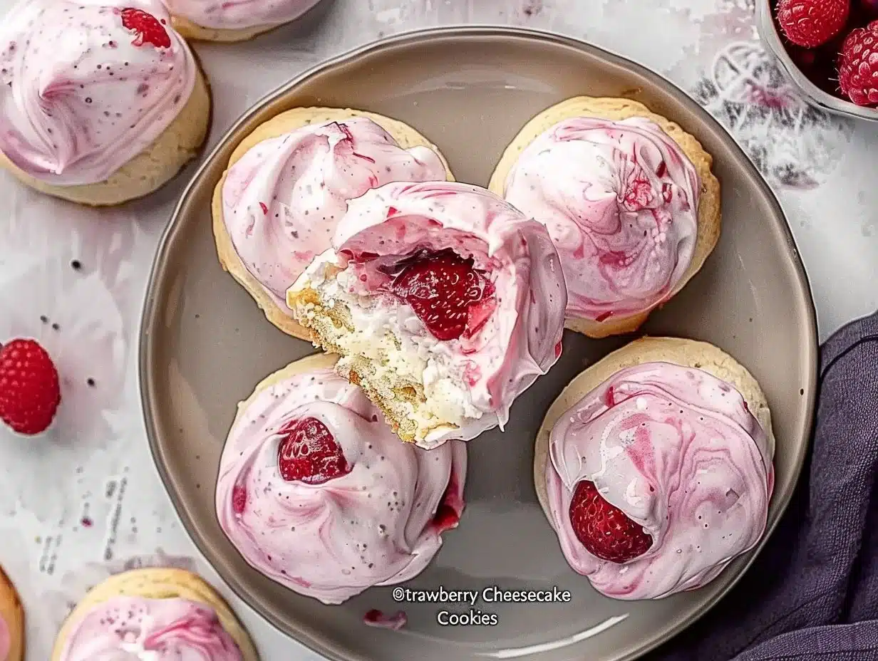 Delicious strawberry cheesecake cookies with strawberries on a plate