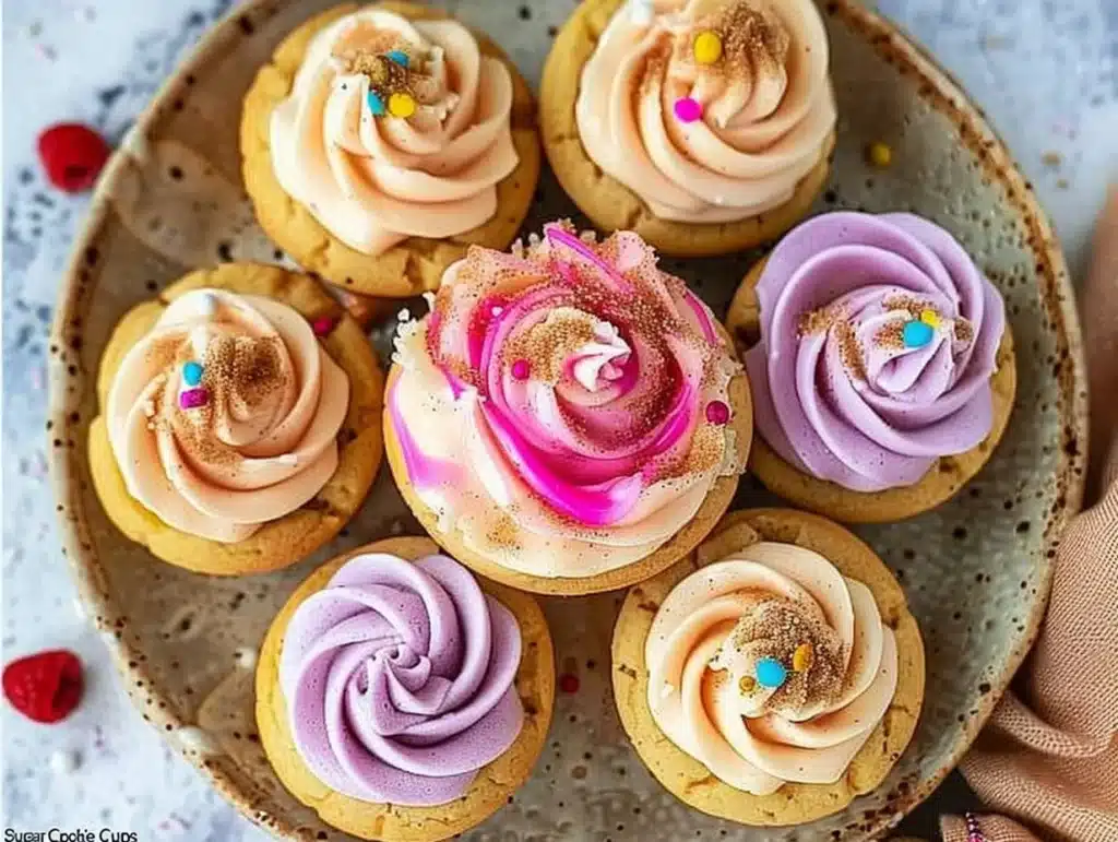 Delicious sugar cookie cups filled with frosting and sprinkles