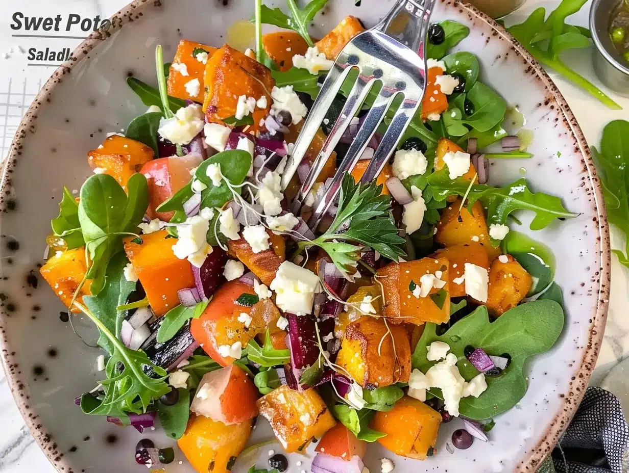 Colorful sweet potato salad with fresh vegetables and a tangy dressing.