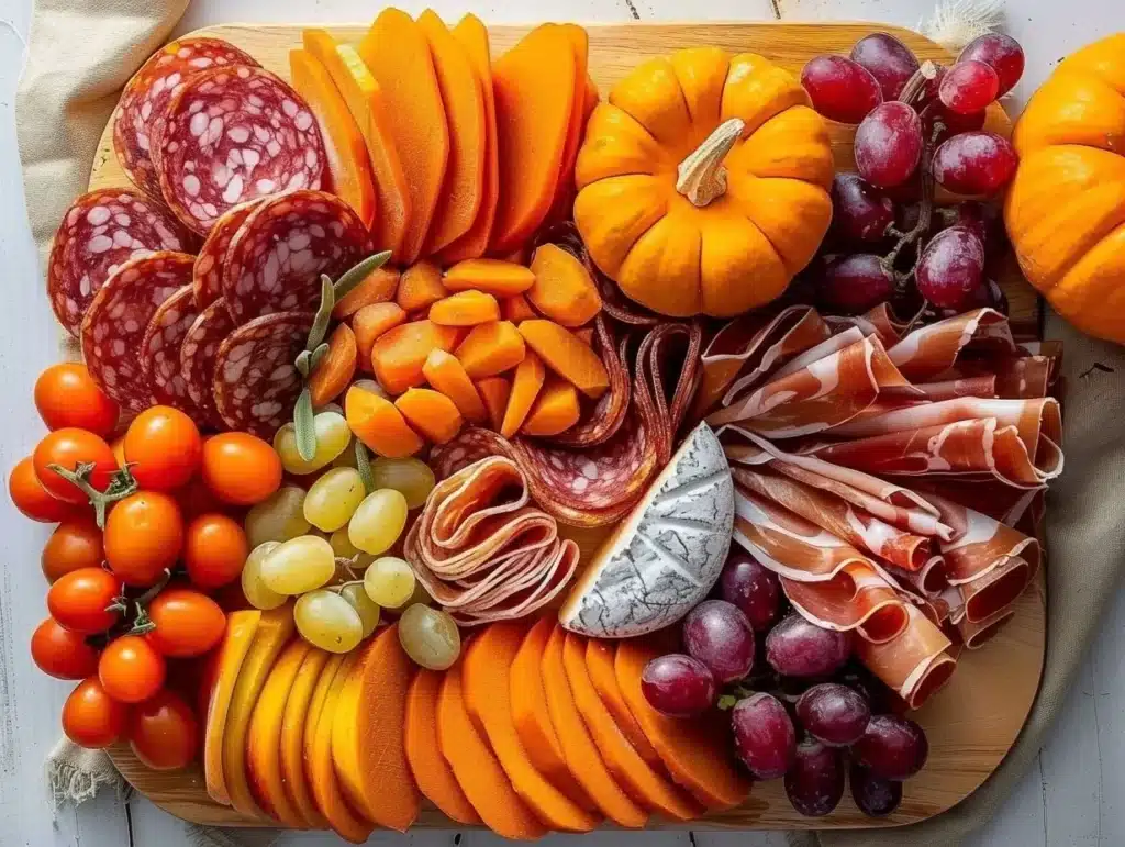 Beautiful Thanksgiving Charcuterie board featuring seasonal cheeses, fruits, and nuts.