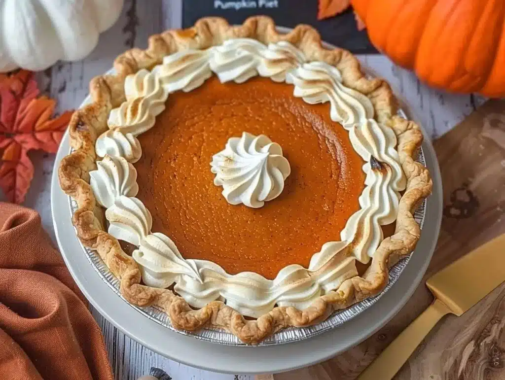 Delicious homemade pumpkin pie with whipped cream on a rustic table