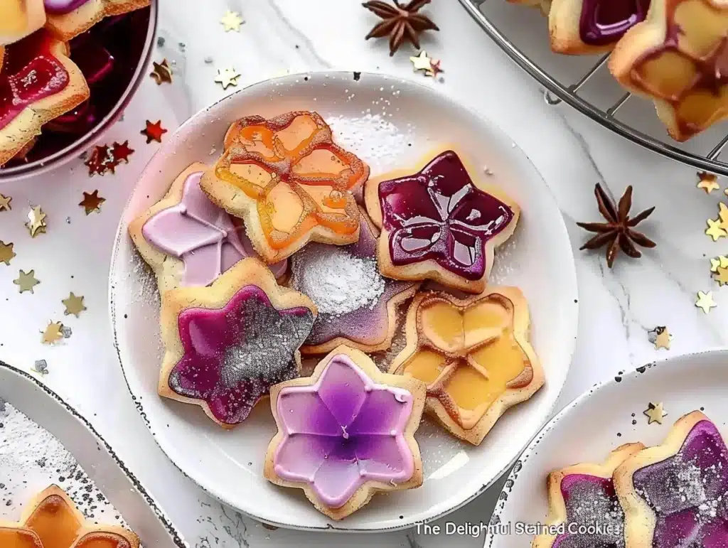 Colorful stained glass cookies shaped like festive decorations