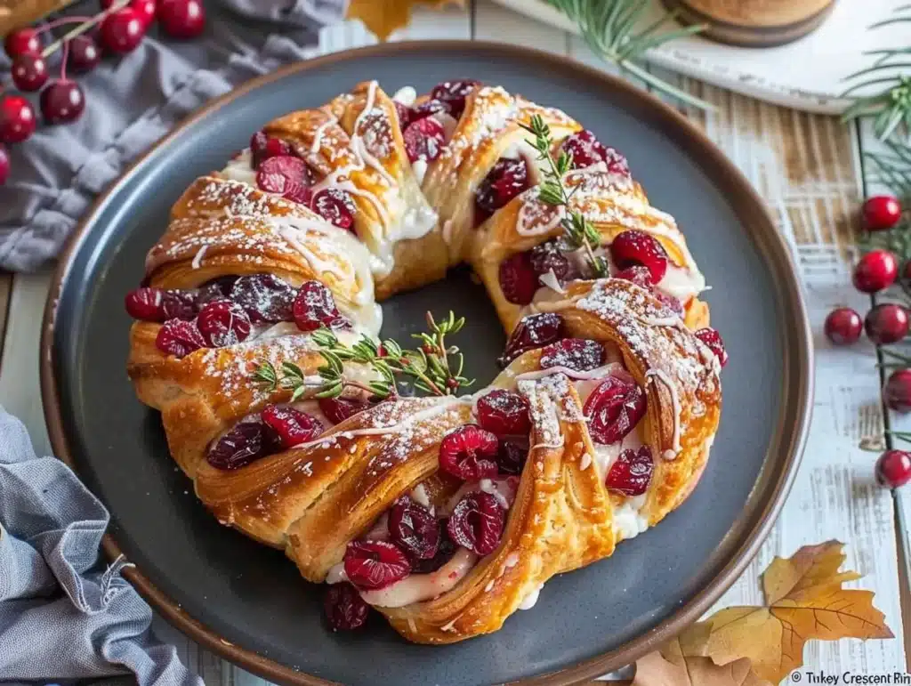 Turkey Cranberry Crescent Ring fresh out of the oven, garnished and ready to serve.
