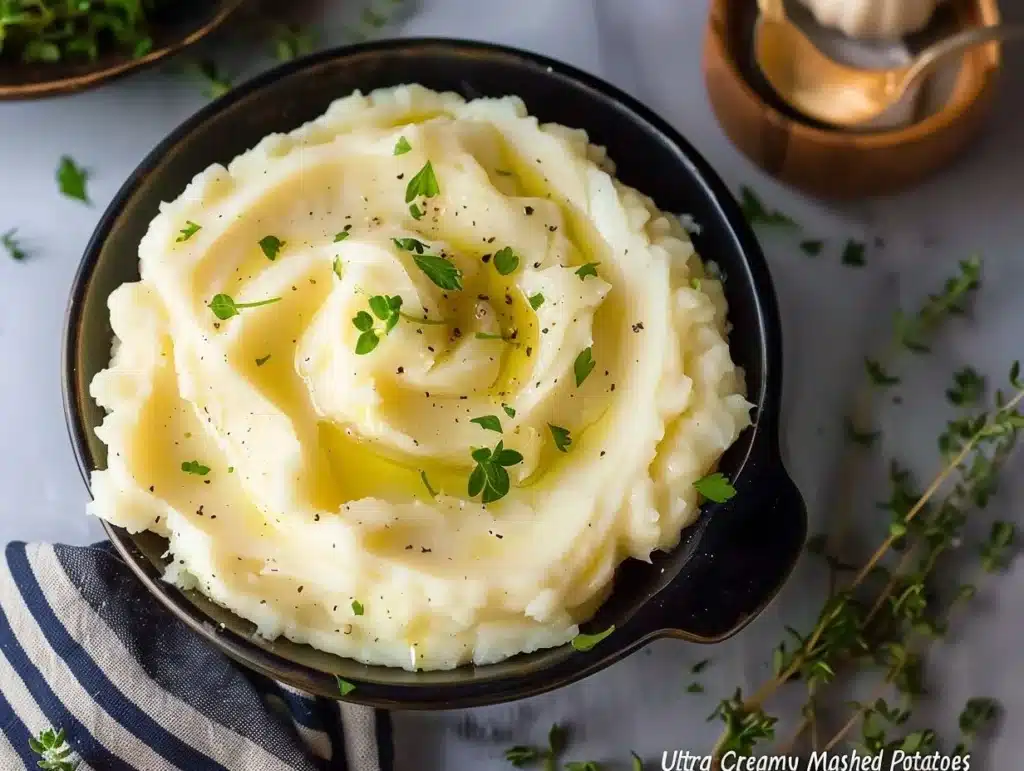 Ultra creamy mashed potatoes served in a bowl with fresh herbs
