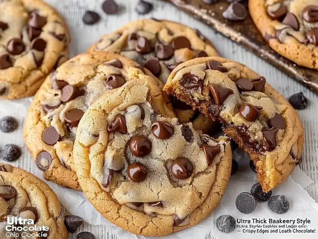 Ultra thick bakery style chocolate chip cookies with crispy edges and gooey centers