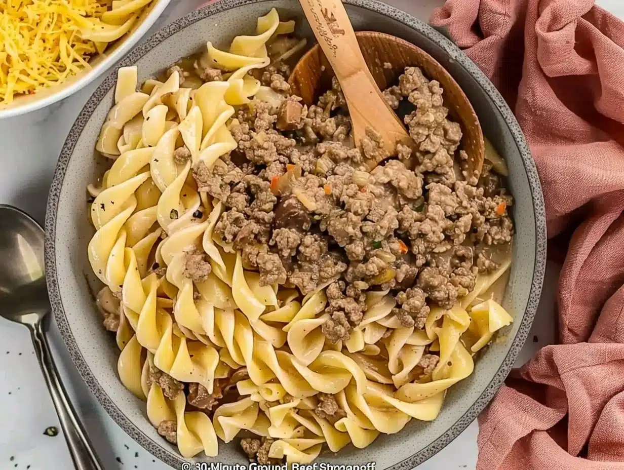 Delicious 30-minute ground beef stroganoff served with noodles