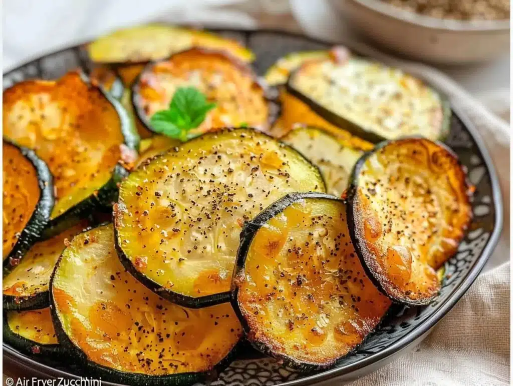 Plated air fryer zucchini slices seasoned and cooked to perfection