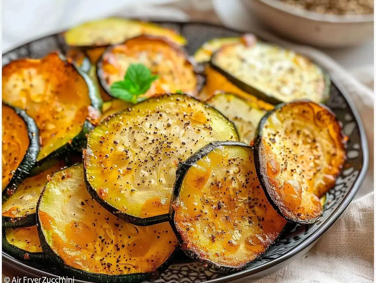 Plated air fryer zucchini slices seasoned and cooked to perfection