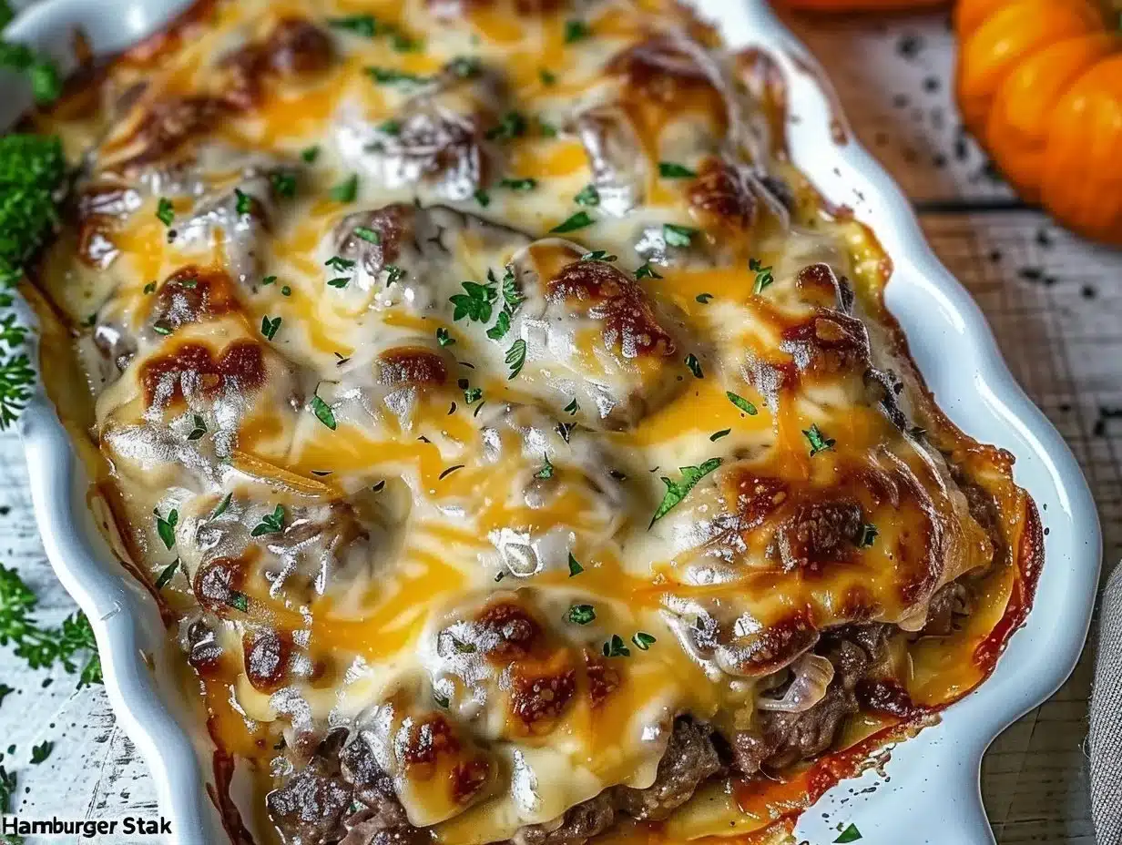Amish Hamburger Steak Bake served with fresh vegetables on a plate
