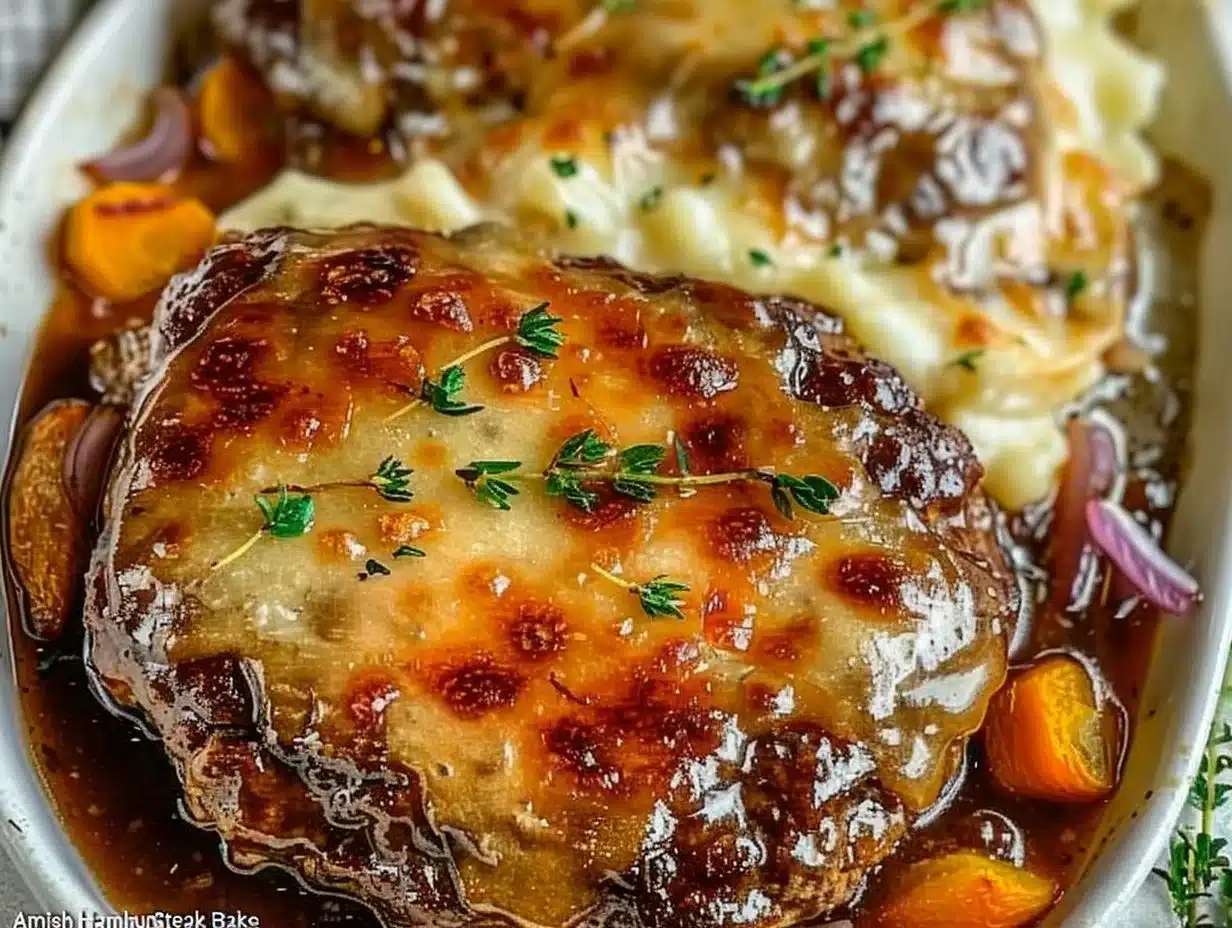 Amish Hamburger Steak Bake served with savory gravy and side dishes