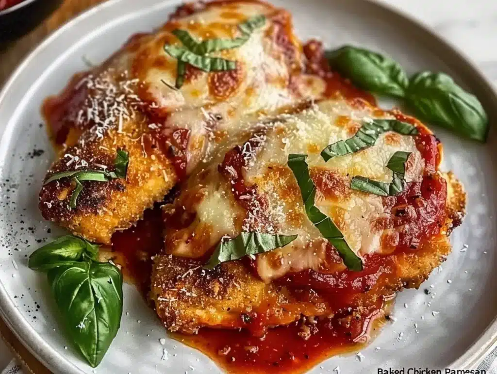 Delicious baked Chicken Parmesan topped with melted cheese and herbs