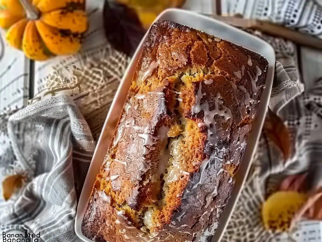 Freshly baked banana bread on a wooden cutting board