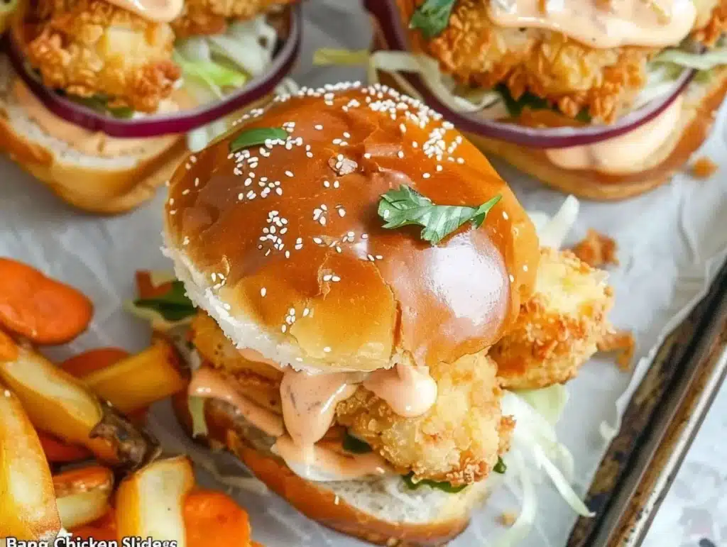 Bang Bang Chicken Sliders garnished with fresh herbs and spicy sauce