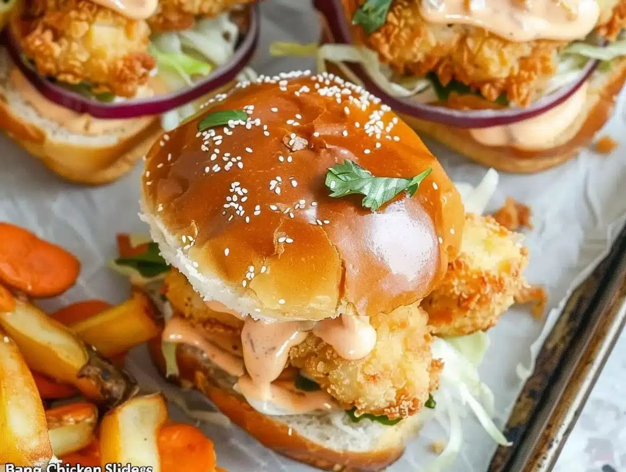 Bang Bang Chicken Sliders 1 Bang Bang Chicken Sliders garnished with fresh herbs and spicy sauce
