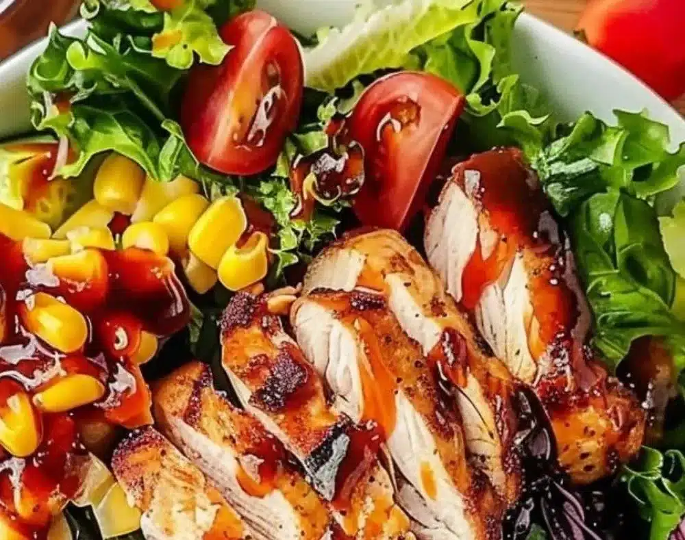 BBQ chicken chopped salad with fresh vegetables and dressing