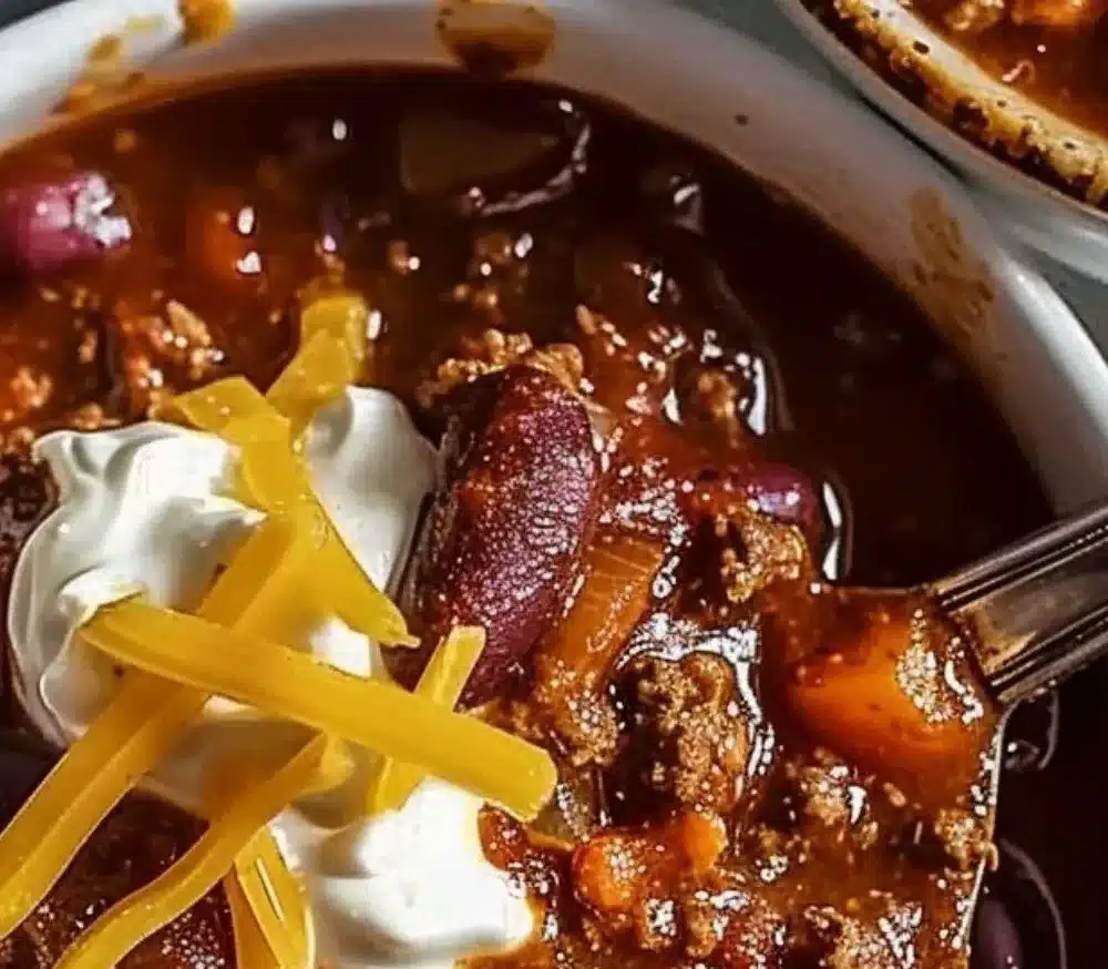 A bowl of the best chili recipe garnished with fresh herbs.