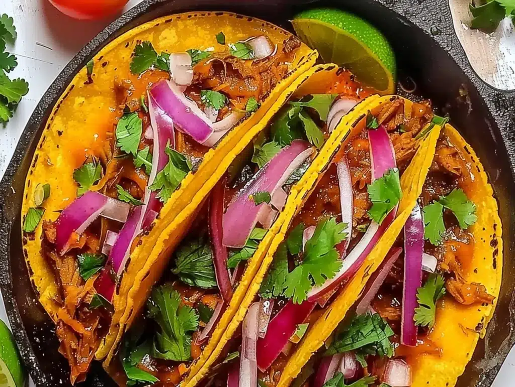 Delicious birria tacos served with dipping consomme and toppings.