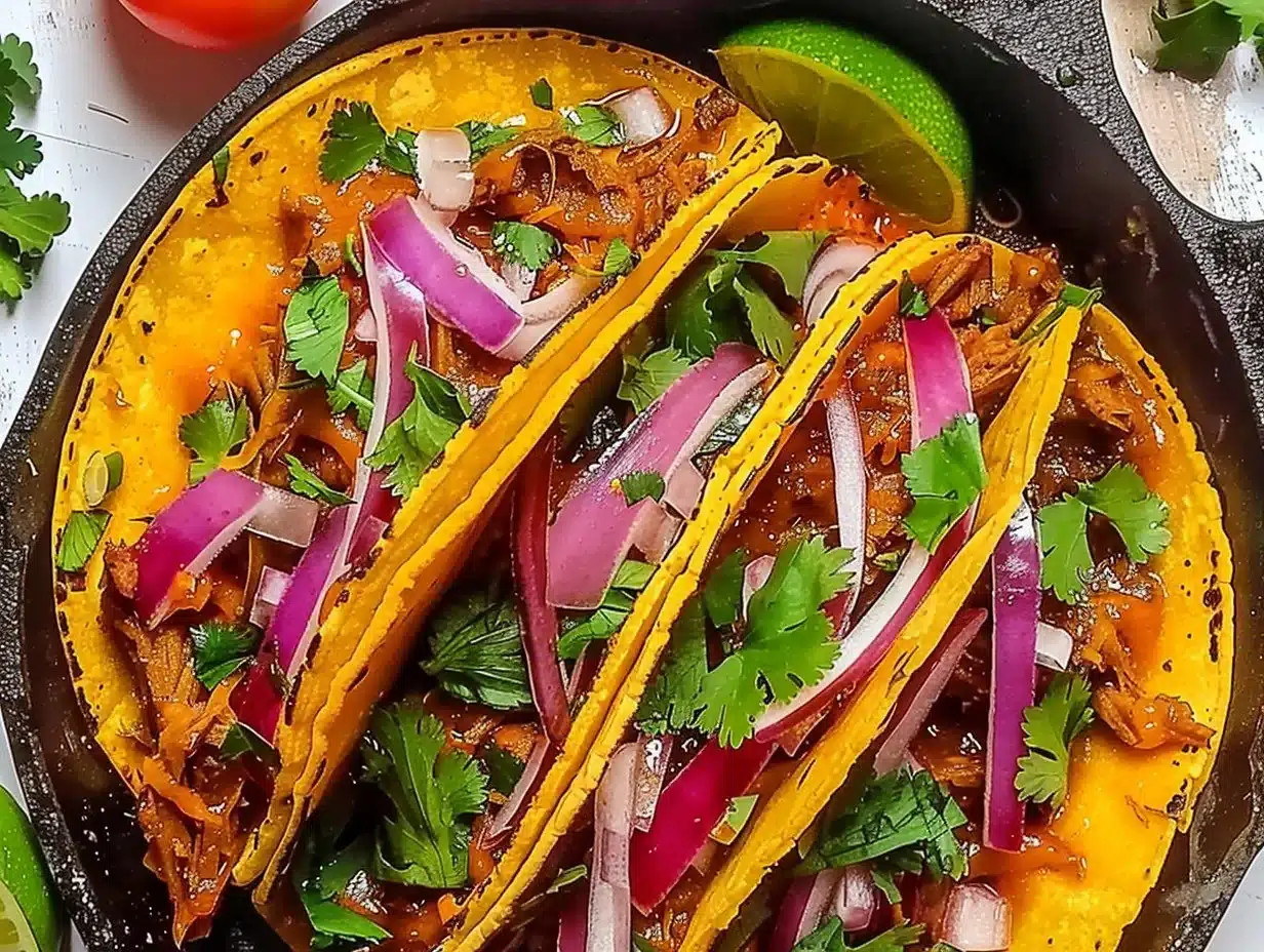 Delicious birria tacos served with dipping consomme and toppings.