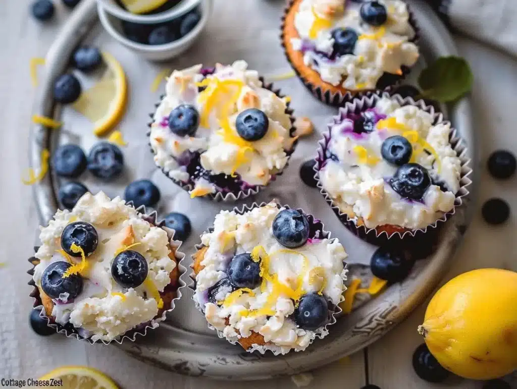 Blueberry and lemon zest cottage cheese bites served on a plate