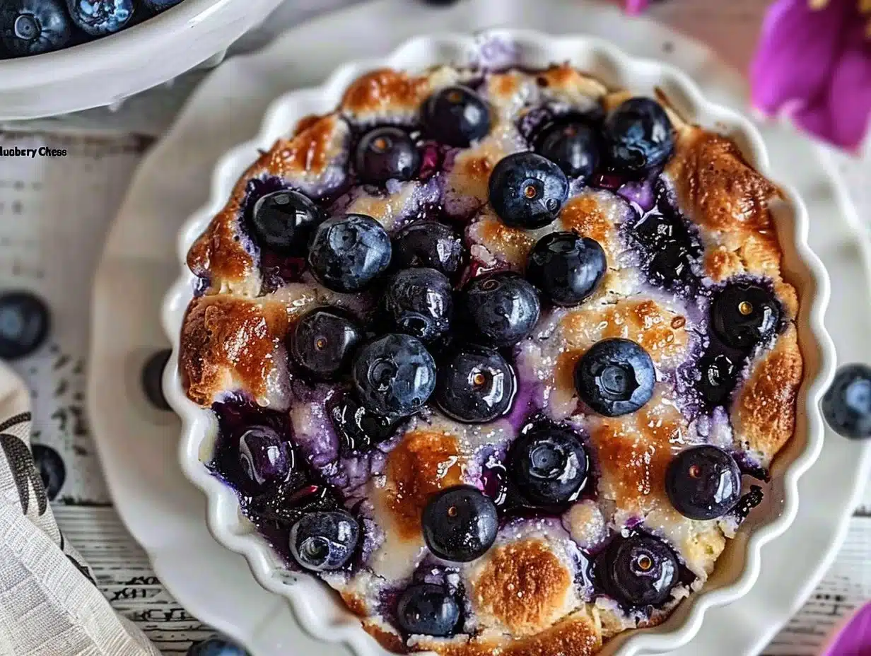 Blueberry cottage cheese breakfast bake served in a baking dish with fresh blueberries