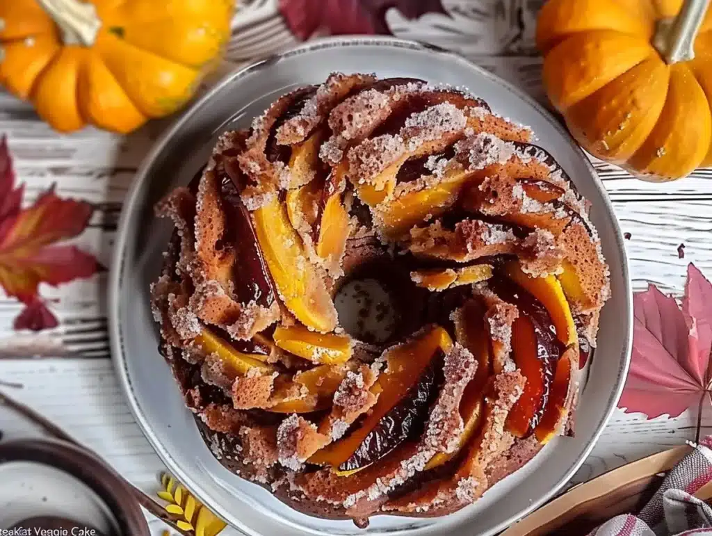 Delicious breakfast veggie crinkle cake topped with fresh vegetables and herbs.