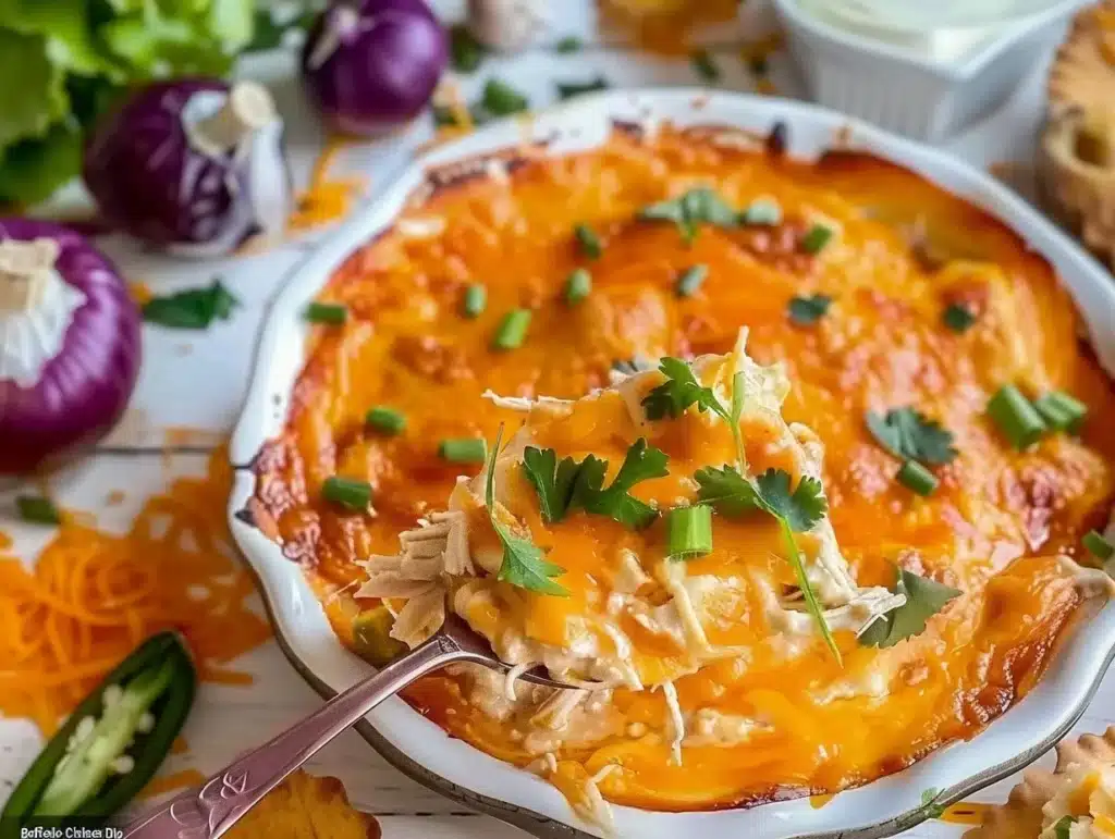 Delicious Buffalo Chicken Dip served in a bowl with chips