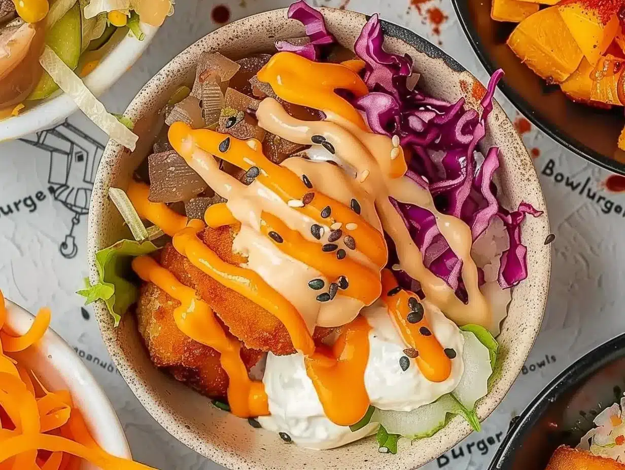 A colorful and healthy Burger Bowl topped with fresh vegetables and toppings.